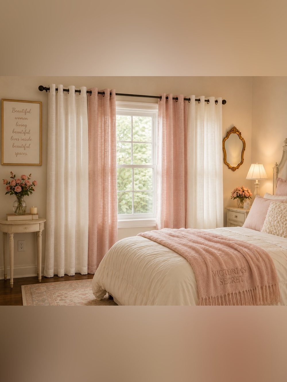 Coquette Blush Linen & White Grommet Curtain Set 62” + Victoria’s Secret Throw